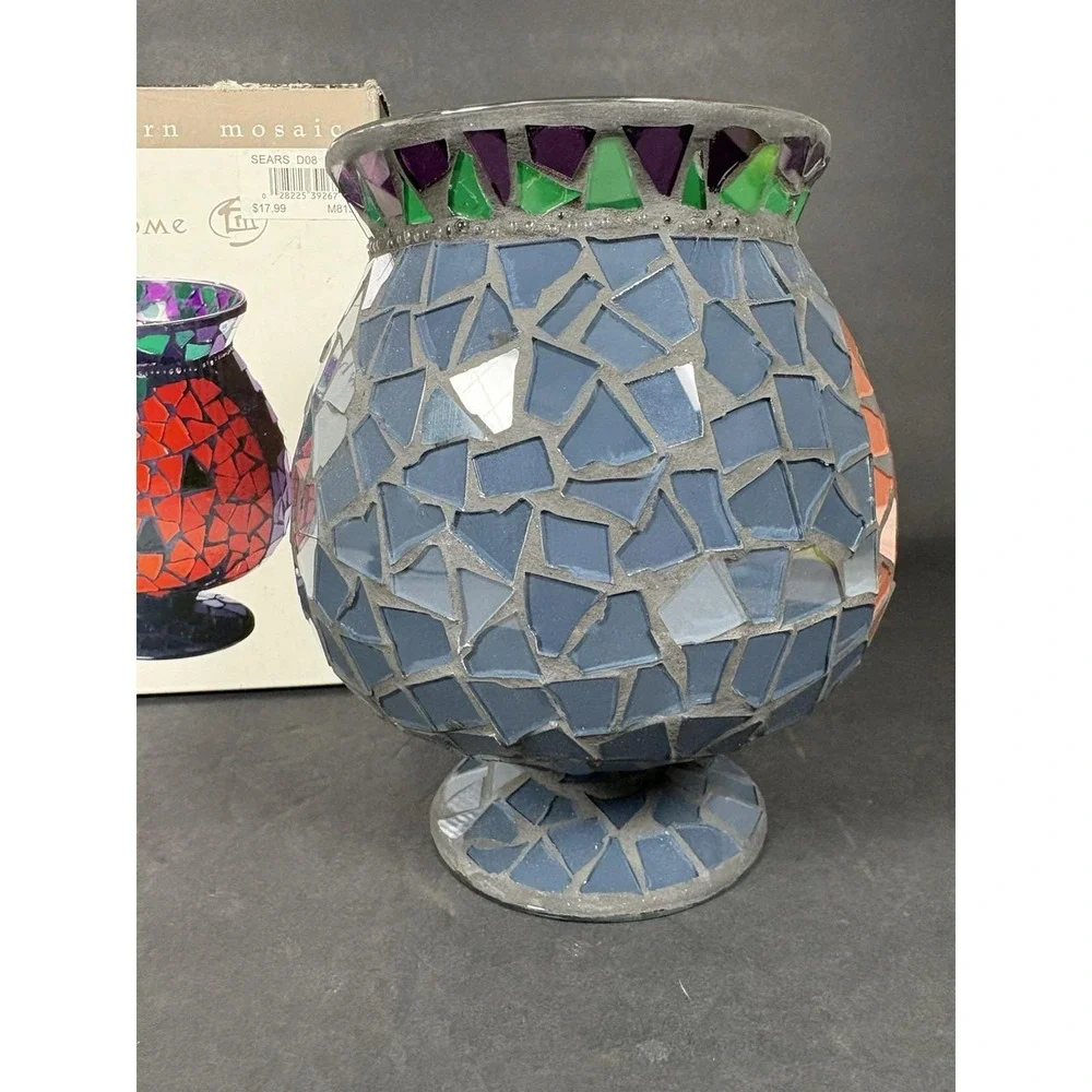 Vintage Whole Home Mosaic Jack O Lantern Hurricane Candle Holder Halloween 7